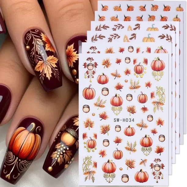 ZZP Fall Nail Art Stickers Autumn Leaf Pumpkin Nail Decals 3D Self-Adhesive Nail Art Supplies 6PCS