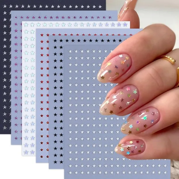 ZZP 6 Sheets Star Nail Stickers 3D Self-Adhesive Glitters Starlight Nail Art Stickers Shiny Stars G…