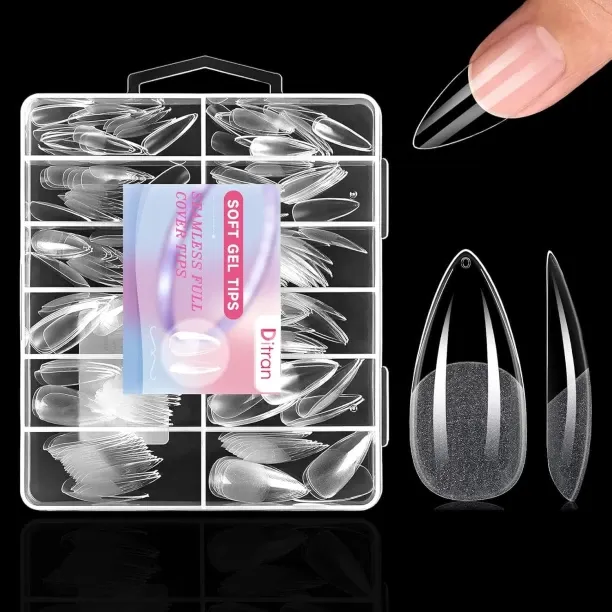 Liangheng Long Almond Nail Tips 240pcs Full Cover False Nail Clear Gelly Nails Tips 12 Sizes Half M…