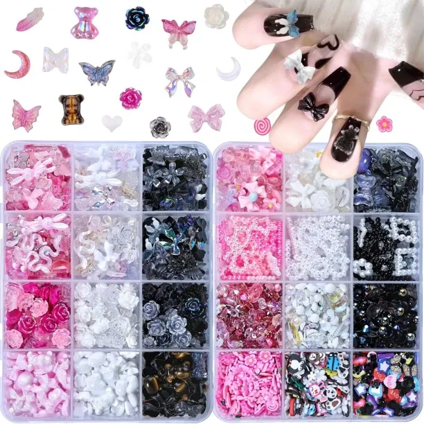 Lasonstiges 700pcs 3D Resin Nail Art Charms with 1350pcs Special Shape Nail Flatback Rhinestones Na…