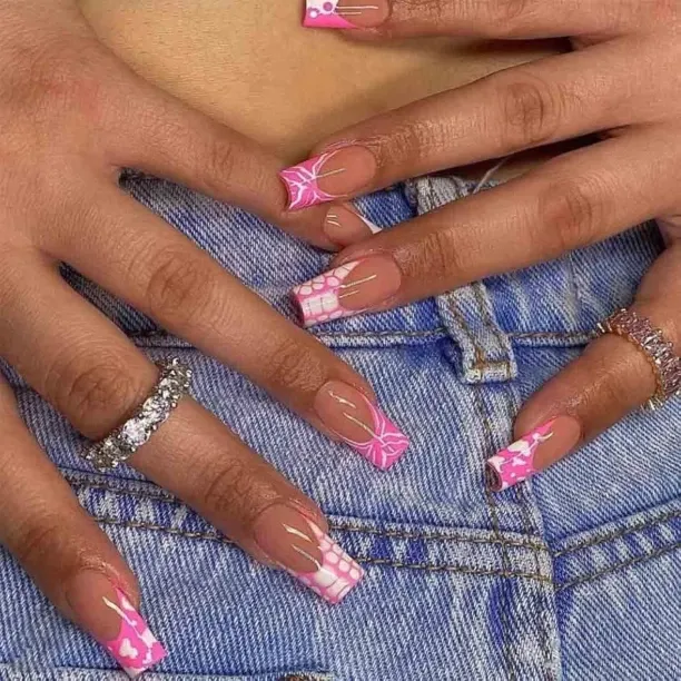 Lasonstiges French Tip Press on Nails Long Fake Nail Pink Stick on Nails Coffin Nails for Women 24 …