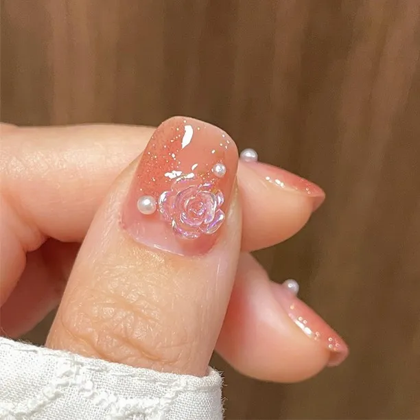 Lasonstiges Press on Nails Pink Short Coffin Shape, Fake Nails with 3D Flower Designs, Glossy Glitt…