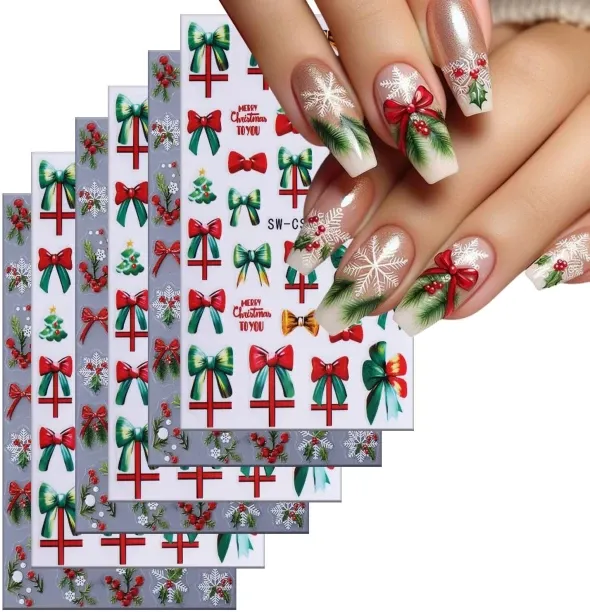 ZZP 6 Sheets Christmas Nail Art Stickers 3D Self -Adhesive Bow Green Fruit Trees Nail Decals Hologr…