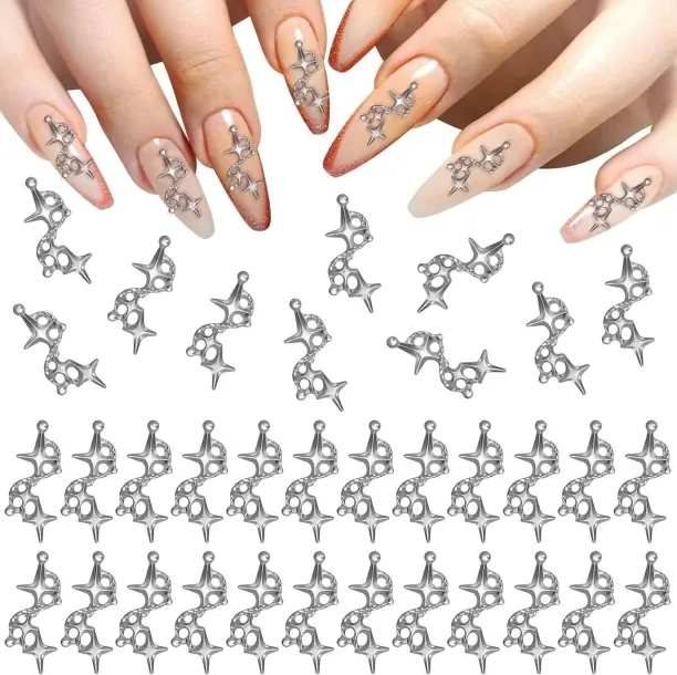 Lasonstiges 100Pcs 3D Star Nail Charm Triplet Star Charm for Nails Starlight Silve Acrylic Rhinesto…