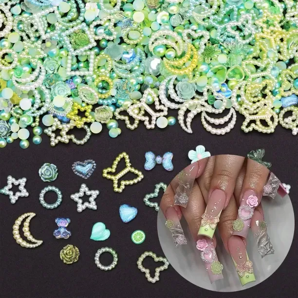 NEXUS 800Pcs 3D Assorted Nail Charms Acrylic Mixed Flatback Pearls Green Flower Butterfly Bowknot f…