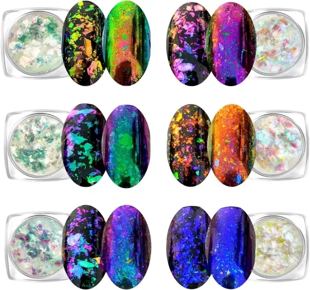Lasonstiges Iridescent Glitter Chameleon Nail Flakes Set of 6 Jars (Light Chameleon)