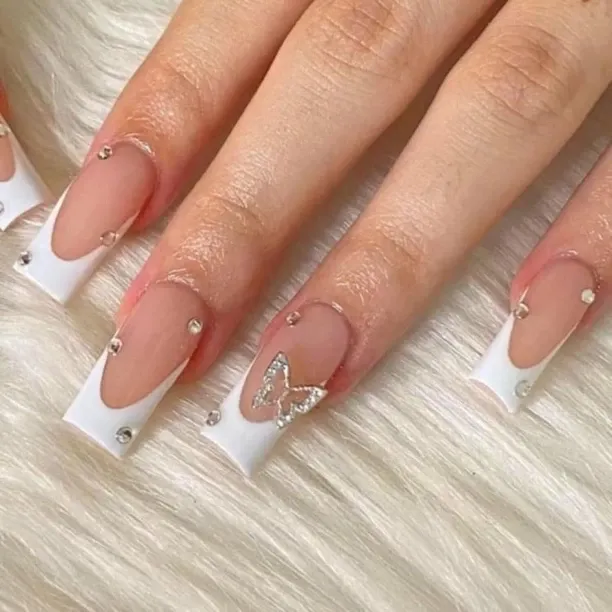 NEXUS Square Press on Nails Medium Fake Nails White French Tip Acrylic Nails 3D Butterfly Rhineston…