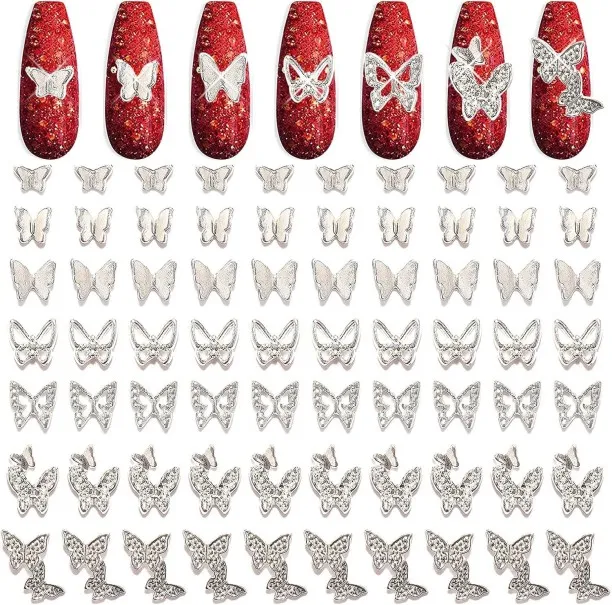 Lasonstiges 70pcs 3D Silver Butterfly Nail Charms Nail Butterfly Charms Alloy 3D Nail Charms Butter…