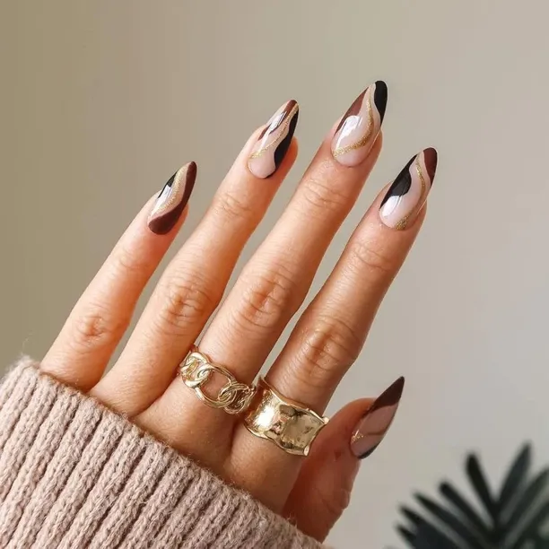 NEXUS Press On Nails - Athena | Nude Brown Swirl Press On Nails Gold Stripe, Medium Swirl Almond Sh…