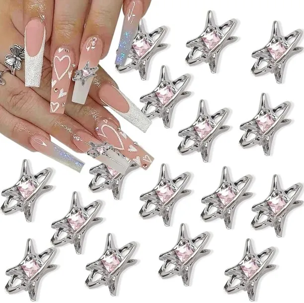 Lasonstiges 15Pcs Shiny Alloy Star Nail Charms 3D Stars Nail Gems Nail Rhinestones Silver Nail Char…
