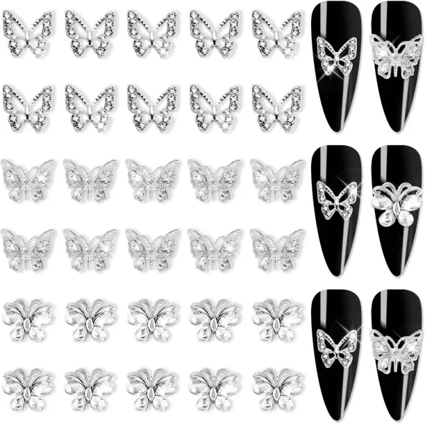 Lasonstiges 30 Pieces Silver 3D Butterfly Nail Charms Butterfly Nail Gems 3D Butterflies for Nails …