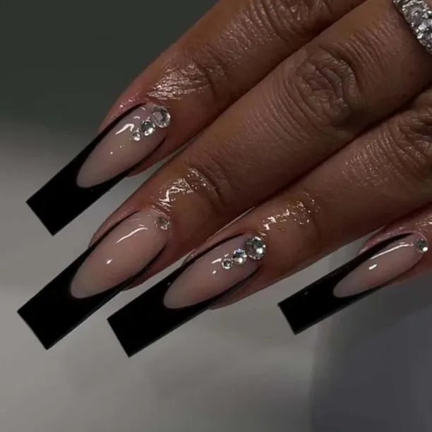 Lasonstiges Long Coffin False Nails Black French Press on Nails Full Cover Fake Nails Acrylic Balle…