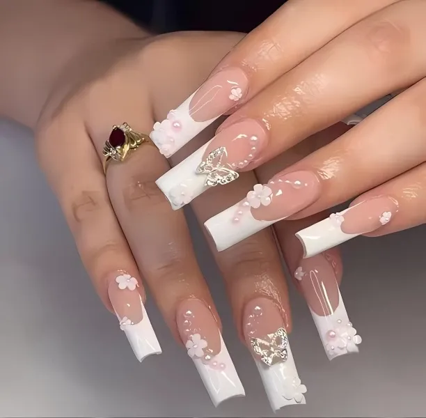 NEXUS Long Coffin Press on Nails French Tip Fake Nails 3D Metal Butterfly White Glue on Nails Gloss…