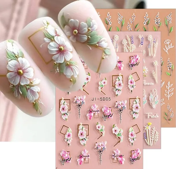 ZZP 3D Embossed Flower Leaves Nail Art Stickers Decals 4 Sheets 5D Self-Adhesive Pegatinas Uñas Sum…