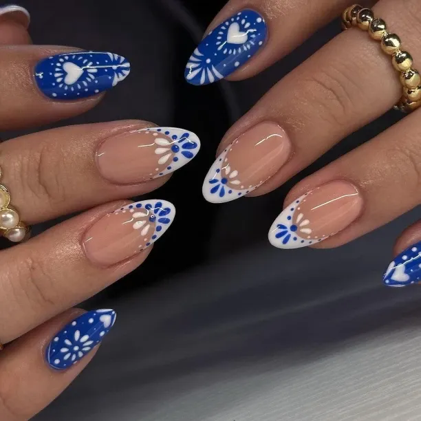 Liangheng Blue French Tips Press On Nails Short Almond, Flower Heart Sticke On Nails, Designer Reus…