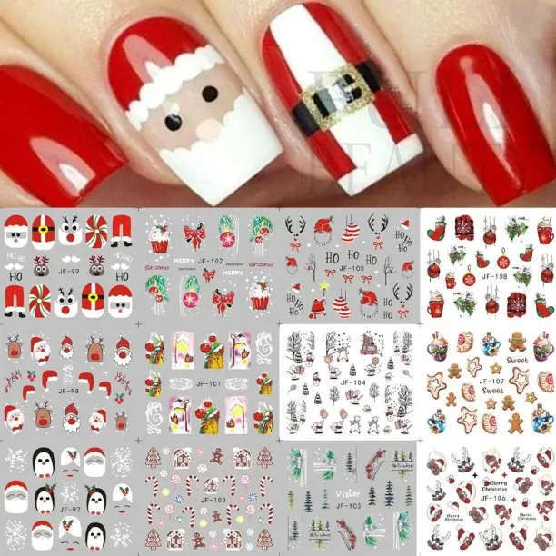 Lasonstiges Christmas Nail Art Stickers Decals, 12 Sheets Water Transfer Nail Slider Cute Cartoon S…