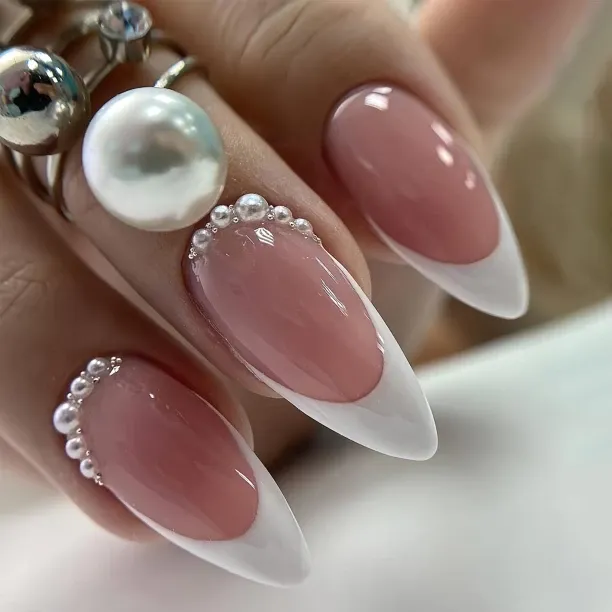Lasonstiges French Press on Nails Medium Almond Fake Nails, White Tip with Pearls Chain Gel Acrylic…