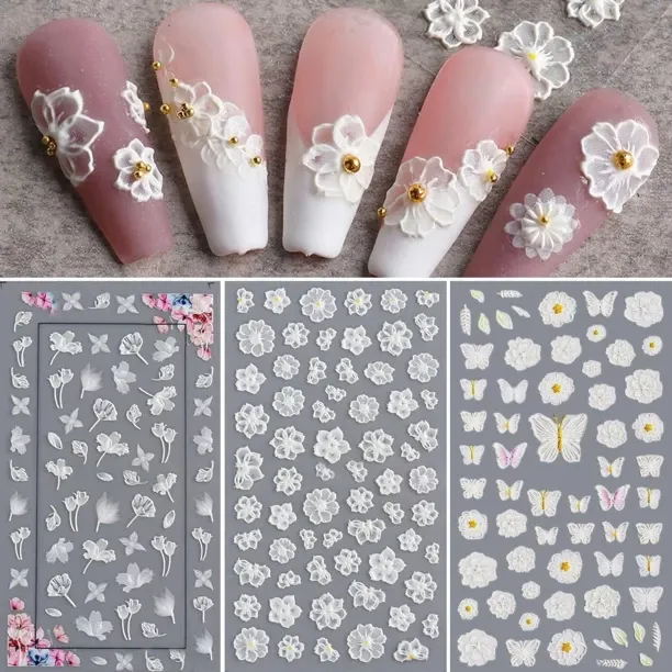 Lasonstiges Flower Nail Art Stickers 5D Hollow Butterfly Nail Stickers White Lace Leaf Self-Adhesiv…