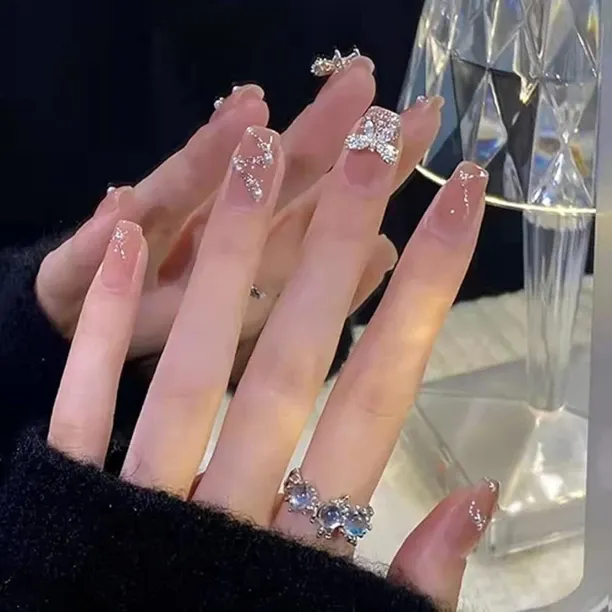 Lasonstiges Rhinestone Butterfly Press on Nails Short Pearl French Full Cover Fake Nails Acrylic Sh…