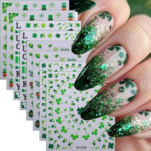 ZZP 8Pcs St.Patrick's Day Nail Art Stickers, Green Flower Nail Decals 3D Self Adhesive with Green C…