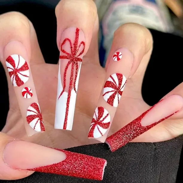 NEXUS Christmas Press on Nails Long Coffin Fake Nails Red Glitter Ribbon Full Cover False Nails Fre…