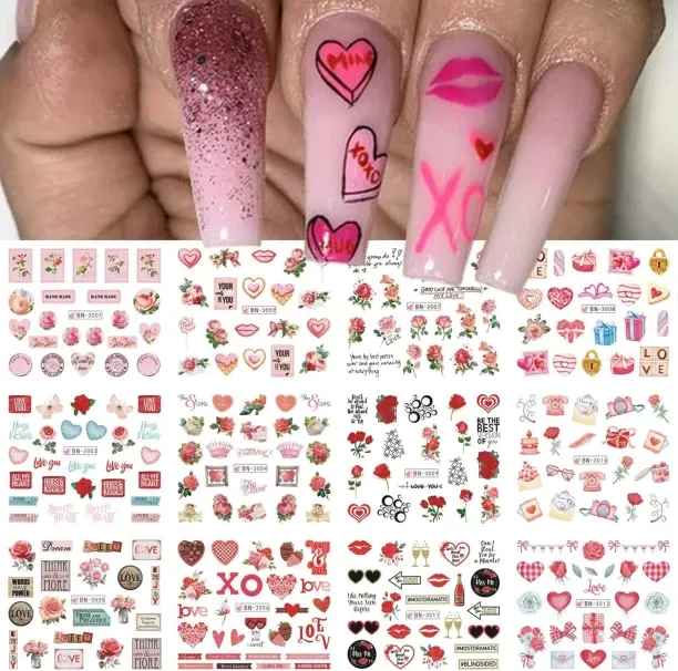 Lasonstiges Valentines Day Nail Art Stickers 12Pcs Water Transfer Nail Decals Valentines Nail Stick…