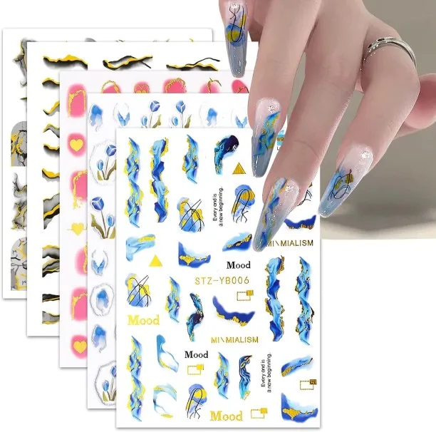 Lasonstiges Nail Art Stickers, 12 Styles 8D Stripe Line Nail Decals Self-Adhesive Marble Wave Nail …