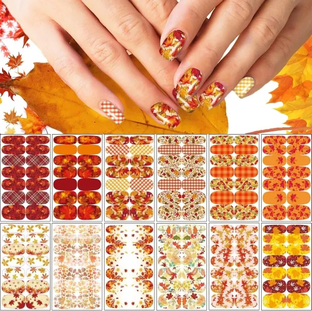 Lasonstiges 12 Sheets Fall Full Nail Wraps Stickers, Autumn Nail Polish Strips DIY Self-Adhesive s …