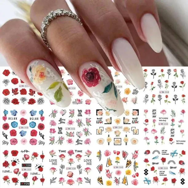 Liangheng 12pcs Nail Sticker Set Summer Water Decal Nail Art Ink Flowers Leaves Graffiti Slider for…