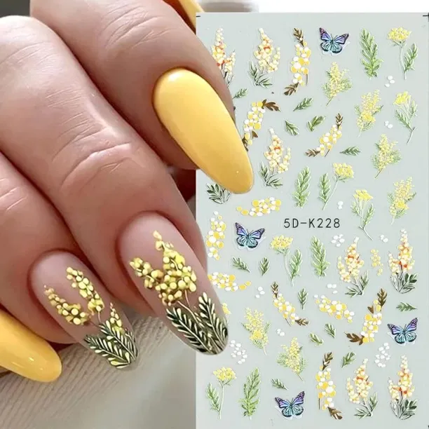 Lasonstiges Flower Nail Art Stickers 5D Embossed Nail Decals 6 Sheets Self-Adhesive White Flower Da…