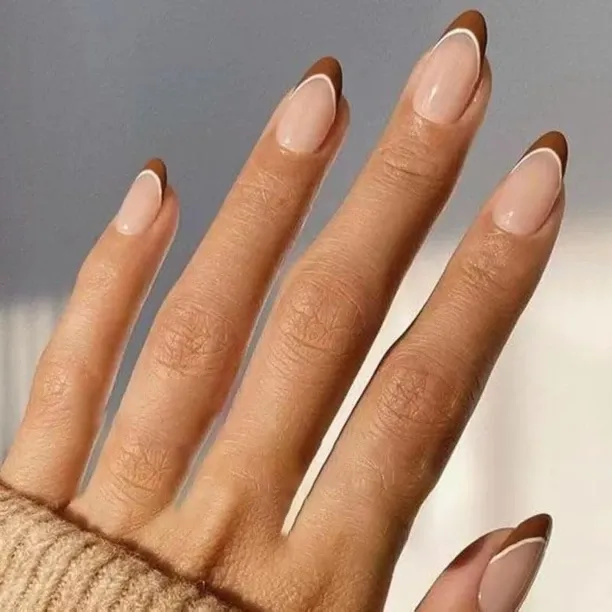 Lasonstiges French Tip Press on Nails Almond Shape Fake Nails Brown Nail Tips Glossy Nude with Fren…
