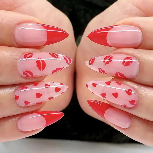 Lasonstiges 24Pcs Press on Nails Medium Almond Shape Fake Nails Valentines Day Red French Tips Acry…