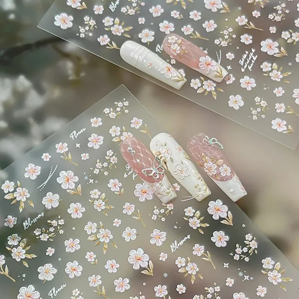 ZZP 5D Embossed Cherry Blossoms Nail Stickers Flower Nail Art Stickers Spring Nail Decals Pink Flor…