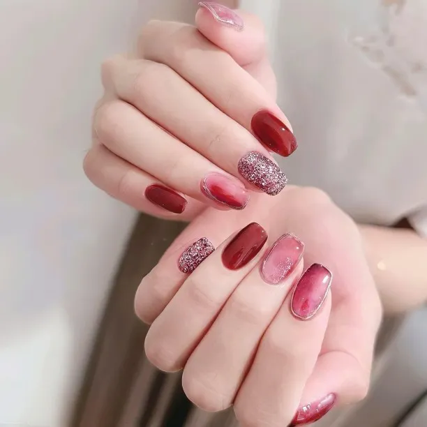 Lasonstiges Square Red Press on Nails Medium Fake Nails with Silvery Glitter Designs Glossy Full Co…