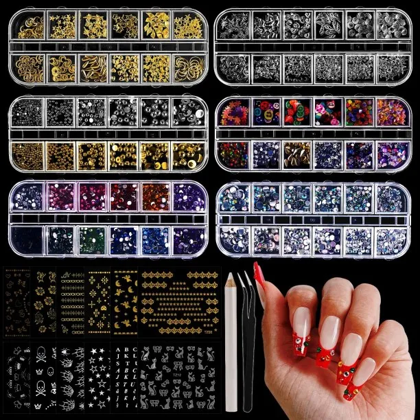 ZZP Nail Charms,Nail Rhinestones Kit with 6 Boxes of Rhinestones,12 Nail Stickers in 2 Colors Multi…