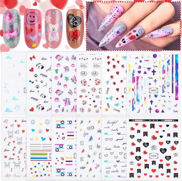Lasonstiges Valentine's Day Nail Stickers Decals, 12 Sheets Valentine Nail Art Stickers Love Hearts…
