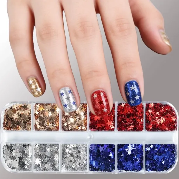 ZZP Star Nail Glitters 4th of July Nail Art Sequins Holographic Red Blue Gold Silver Nail Flakes Sp…