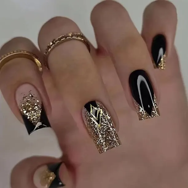 Lasonstiges 24Pcs French Tip Press on Nails Short Square Fake Nails Black Gold Glitter Design Gloss…