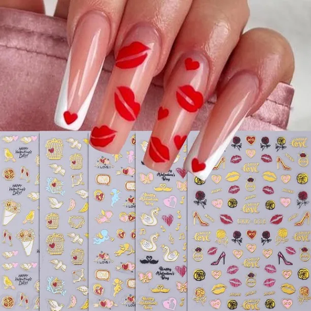 Lasonstiges 6 Sheets Laser Heart Nail Art Sticker Valentine Nail Stickers Decals for wome Girls Nai…