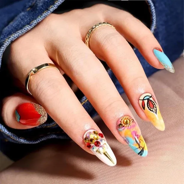 Lasonstiges 24Pcs Press on Nails Almond,Summer Nails Red Blue Yellow False Nails with Designs Color…
