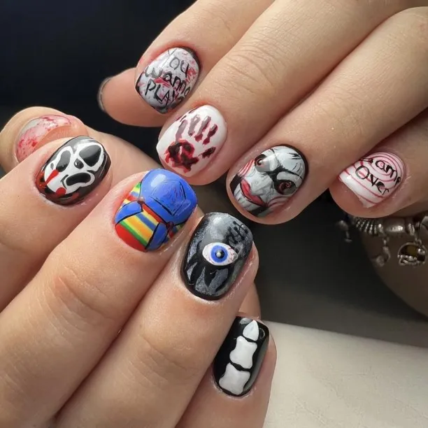 Lasonstiges Halloween Short Press on Nails Square Fake Nails Scary Movie Characters Bloody Hallowee…
