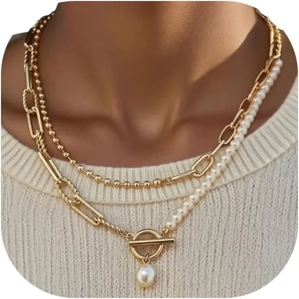 Jingchao Gold Layered Pearl Chain Necklace for Women, Gold Plated Pearl Link Toggle Clasp Necklace,…