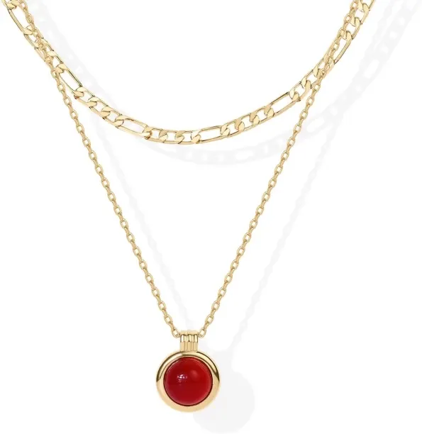 Pofufusm Gold Plated Layered Necklaces for Women | Gemstone Pendant Figaro Chain Necklace | Carneli…