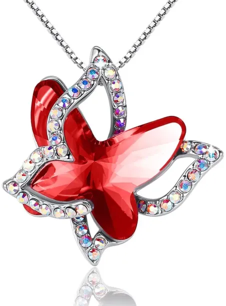 Kaisi Butterfly Birthstone Crystal Necklace Birthstone Pendant Crystal Silver Plated Alloy Necklace
