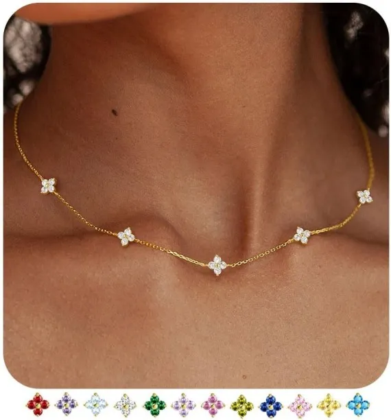 Pofufusm Dainty Clover Birthstone Gold Necklaces for Women Trendy Non Tarnish Layered Gold Plated S…