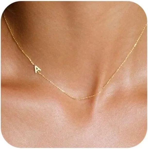 Pofufusm Initial Necklaces for Women, Dainty Gold Letter Necklace Gold Plated Sideways Initial Neck…