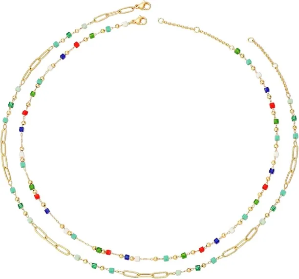Jingchao Beaded Necklaces for Women Gold Plated Dainty Colorful Green/Rose Beaded Pearl Choker Neck…
