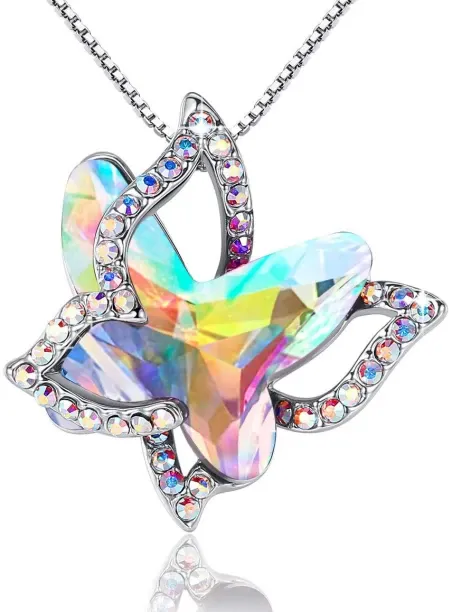 Kaisi Butterfly Birthstone Crystal Necklace Birthstone Pendant Crystal Silver Plated Alloy Necklace