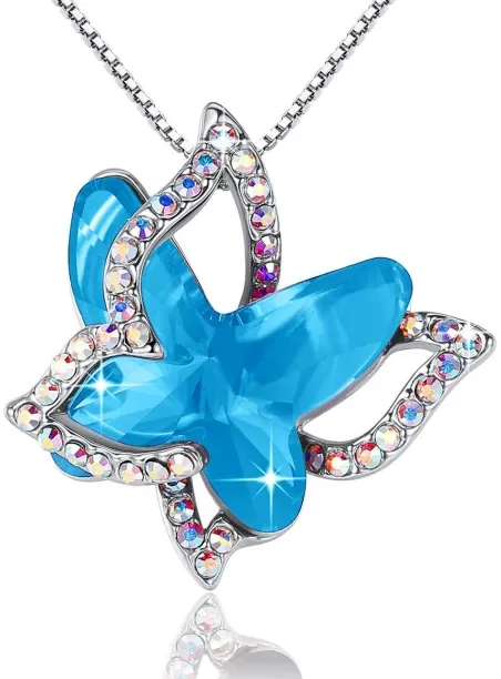Kaisi Butterfly Birthstone Crystal Necklace Birthstone Pendant Crystal Silver Plated Alloy Necklace