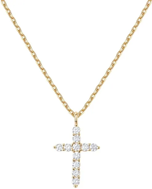 OMGift 14K Gold Plated Cubic Zirconia Cross Necklace for Women | Cross Faith Pendant Necklaces Bras…
